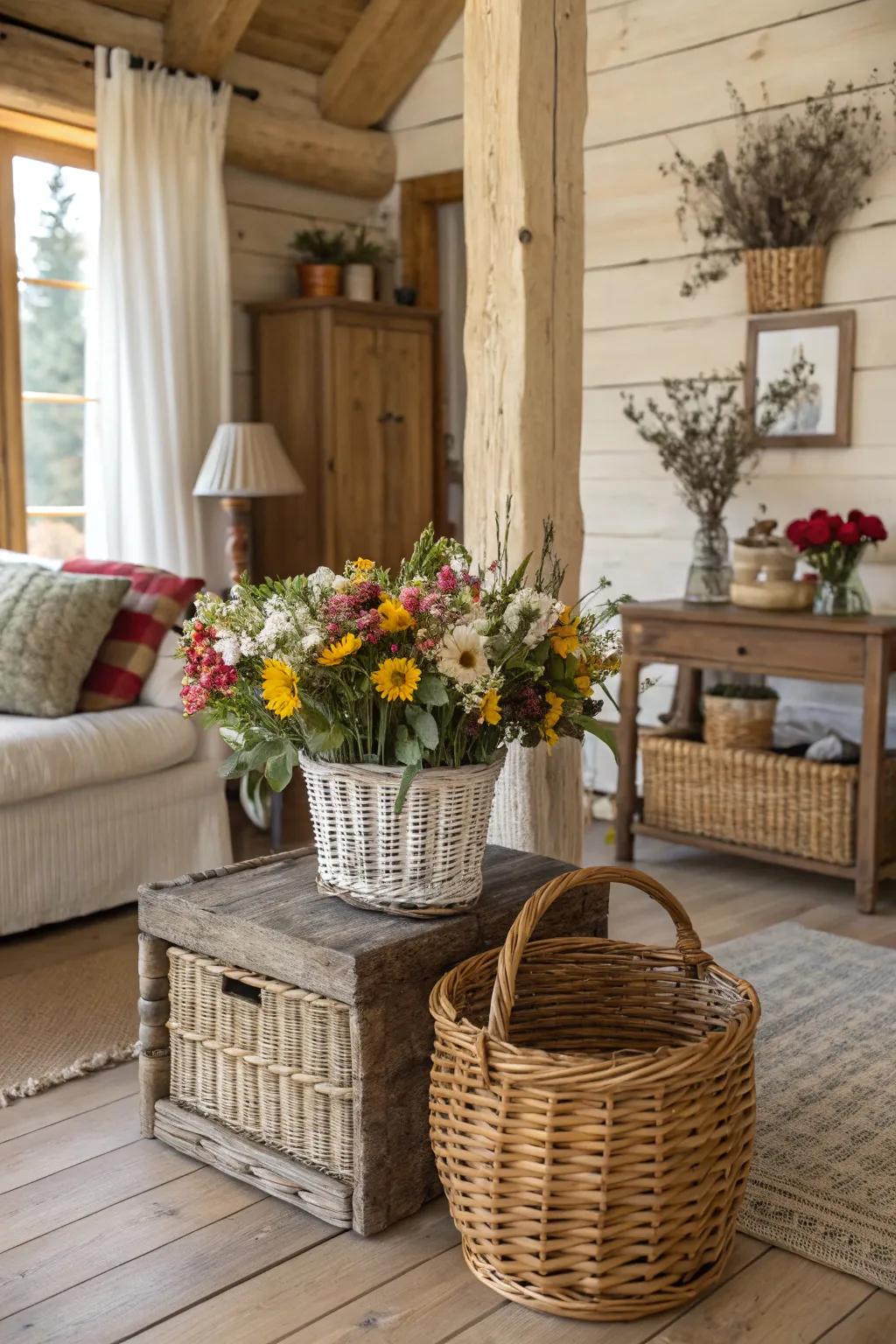 Organic components contribute a country element to your spring embellishments.