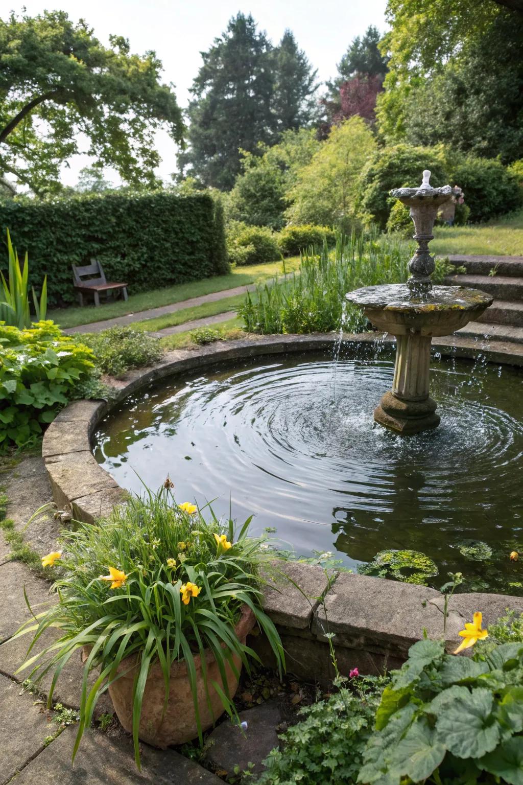 A serene garden pond with a fountain adds a peaceful element to the landscape.