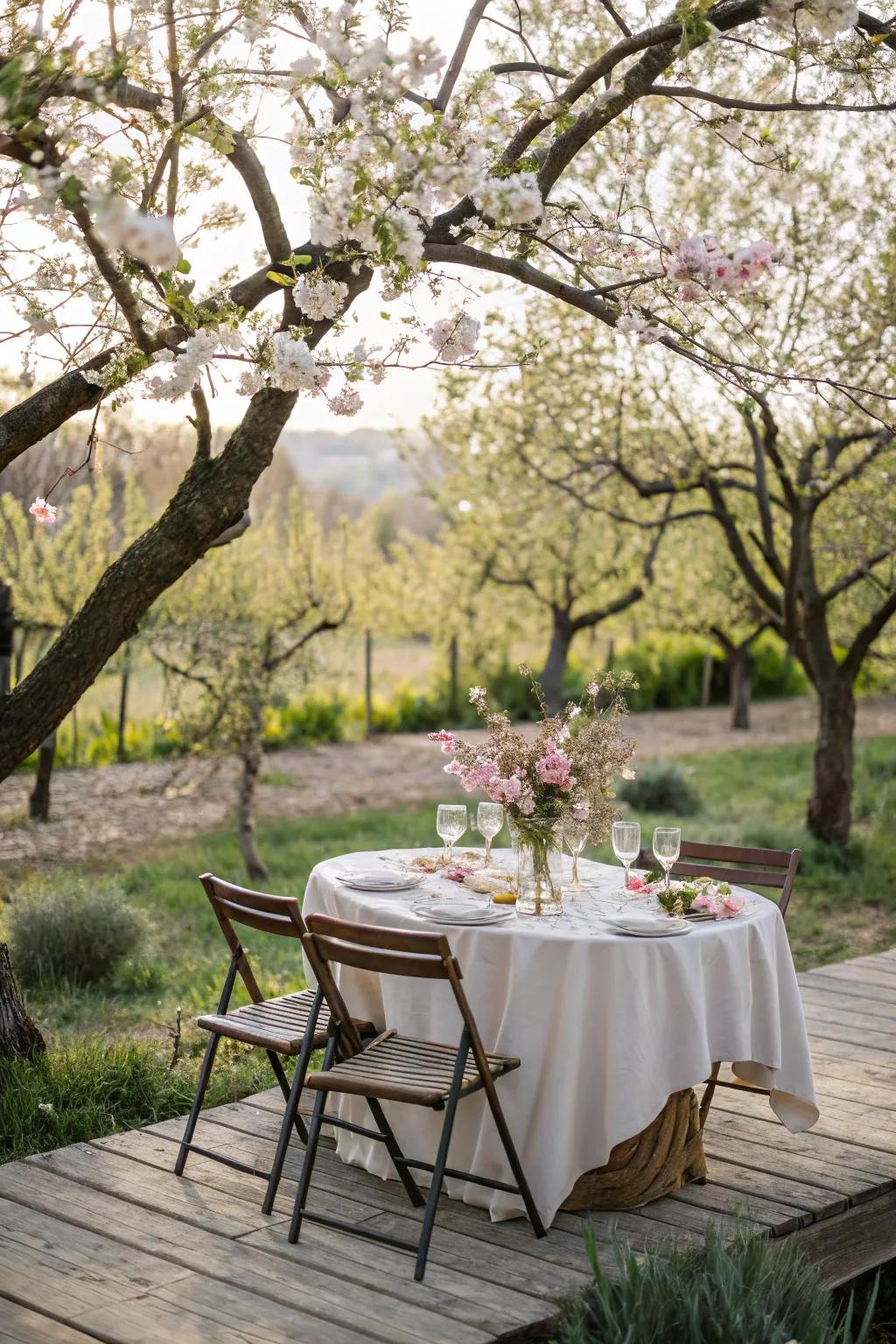 An outdoor table set amidst spring blooms.