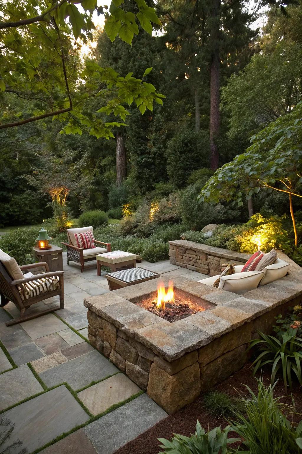 Natural stone fire pit blends elegance with nature.