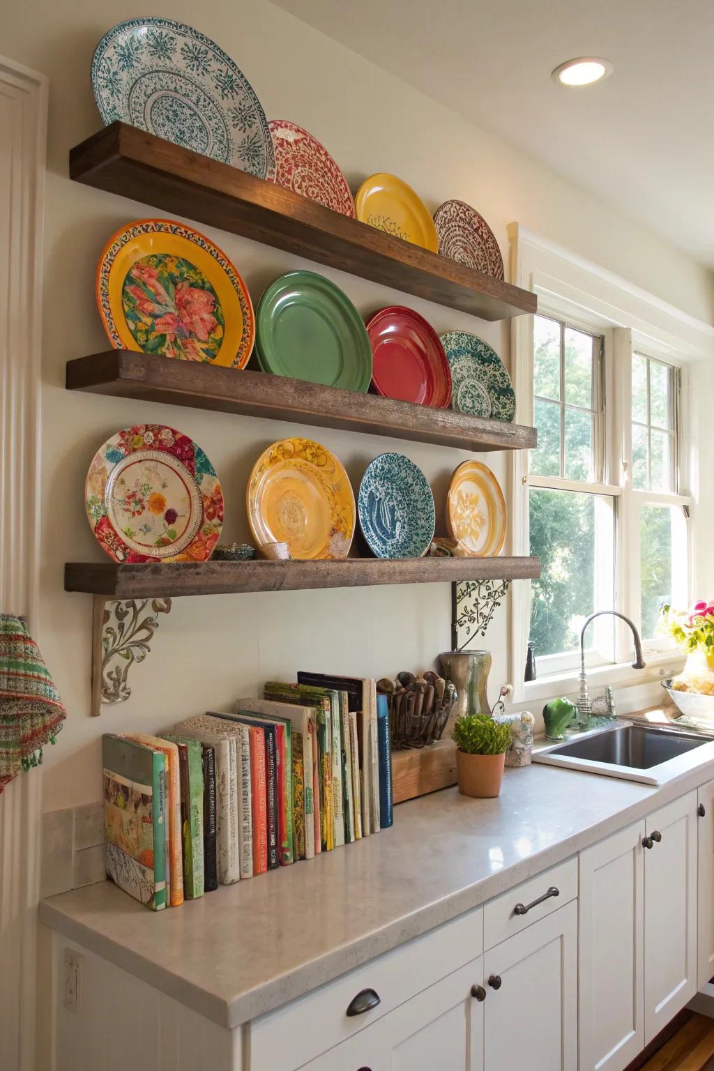 Whimsical nuance in the culinary space with cascading shelving.