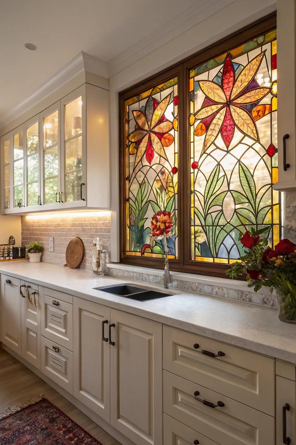 A stained glass backsplash adds unique charm to any kitchen.