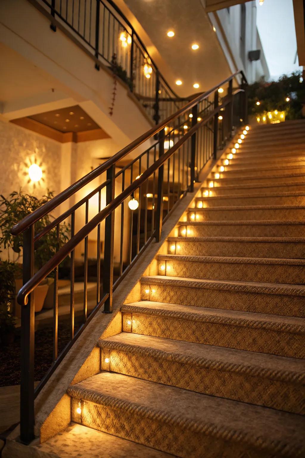 Ambient lighting enhances the staircase's atmosphere.