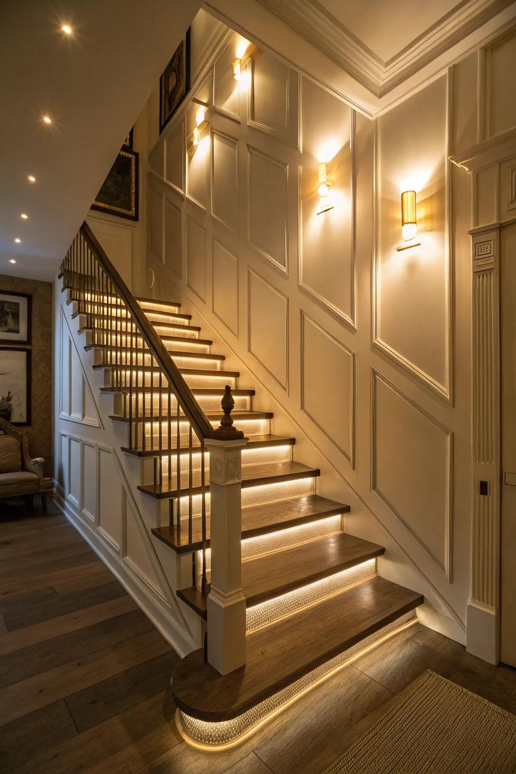 Accent lighting enhances the beauty of stair panelling.