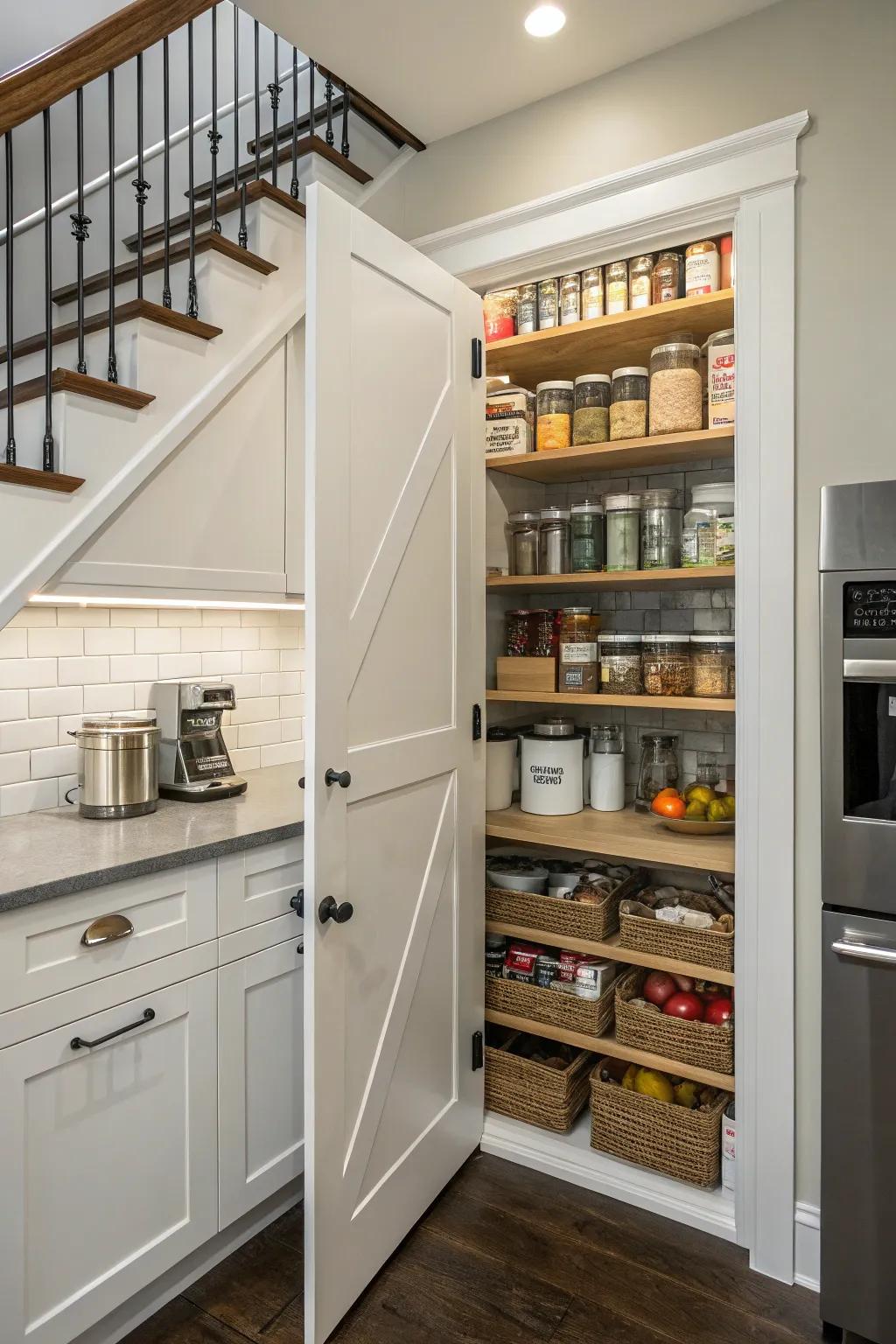 Increase your kitchen's storage using an under-stair pantry.