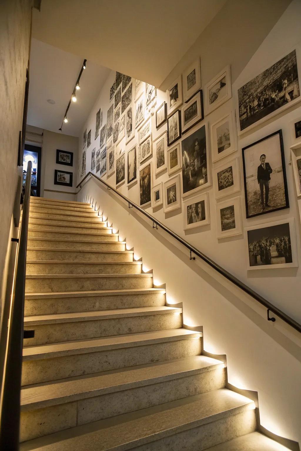 A single-tone gallery arrangement offers a timeless elegance.