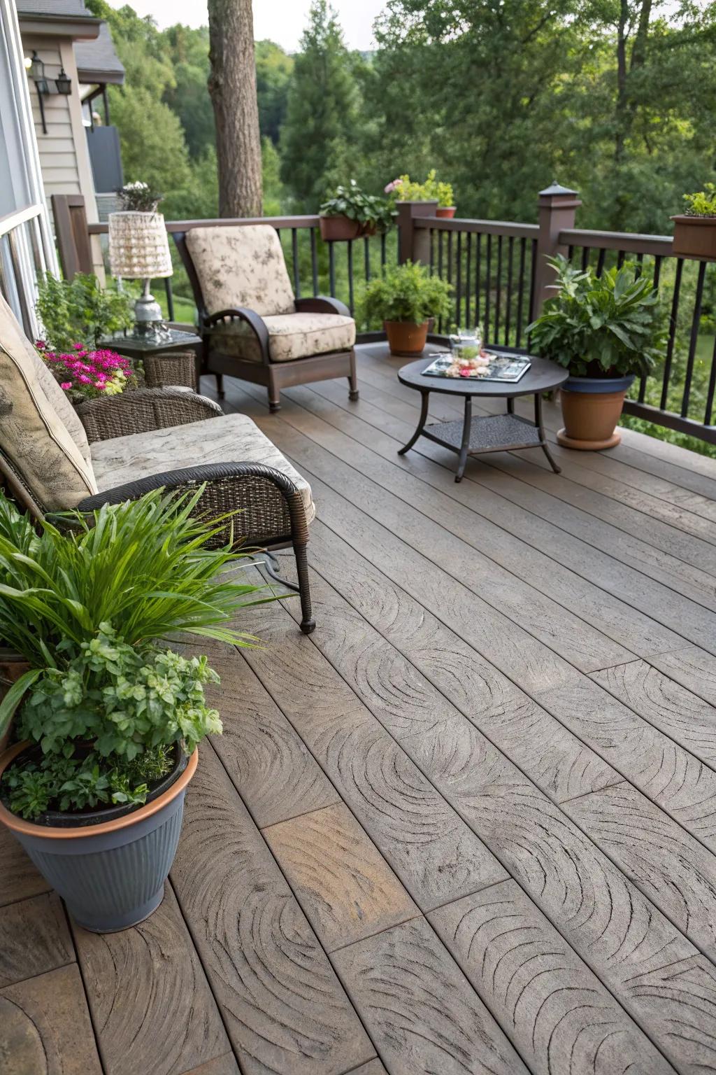 Wood-patterned concrete presents rustic allure without the trouble.