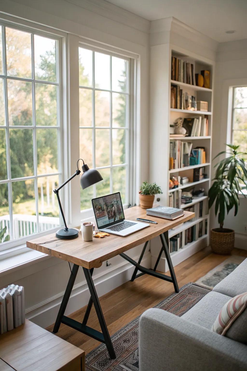 A standing desk setup designed to embrace natural light for a vibrant and energizing workspace.
