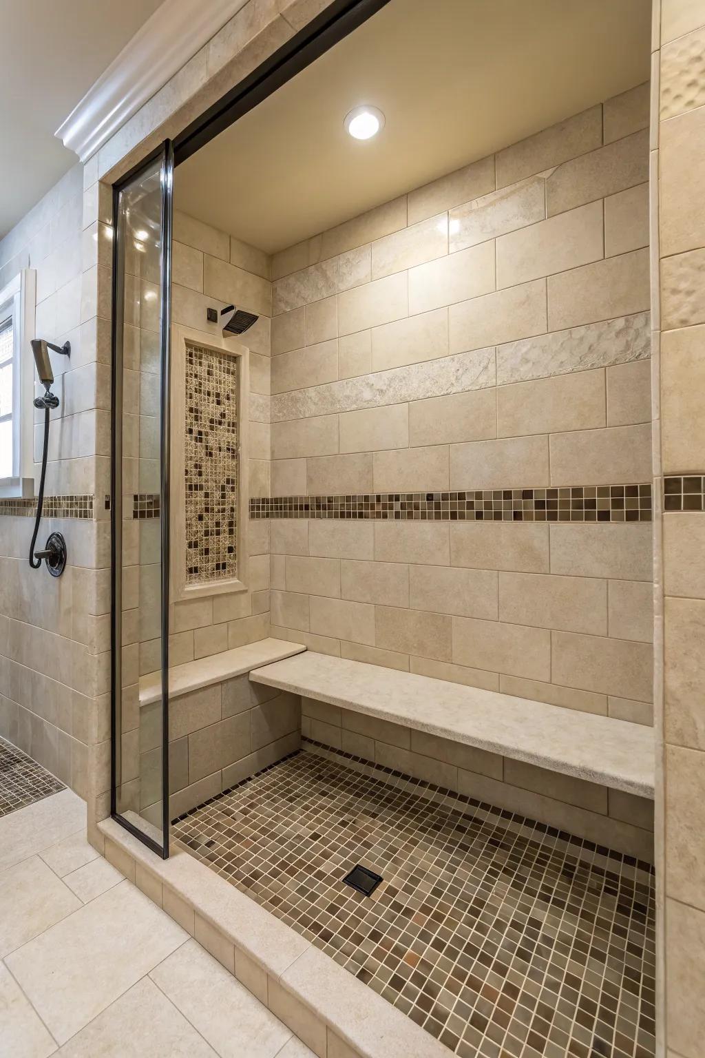 A built-in bench offering a serene spot for relaxation in the shower.