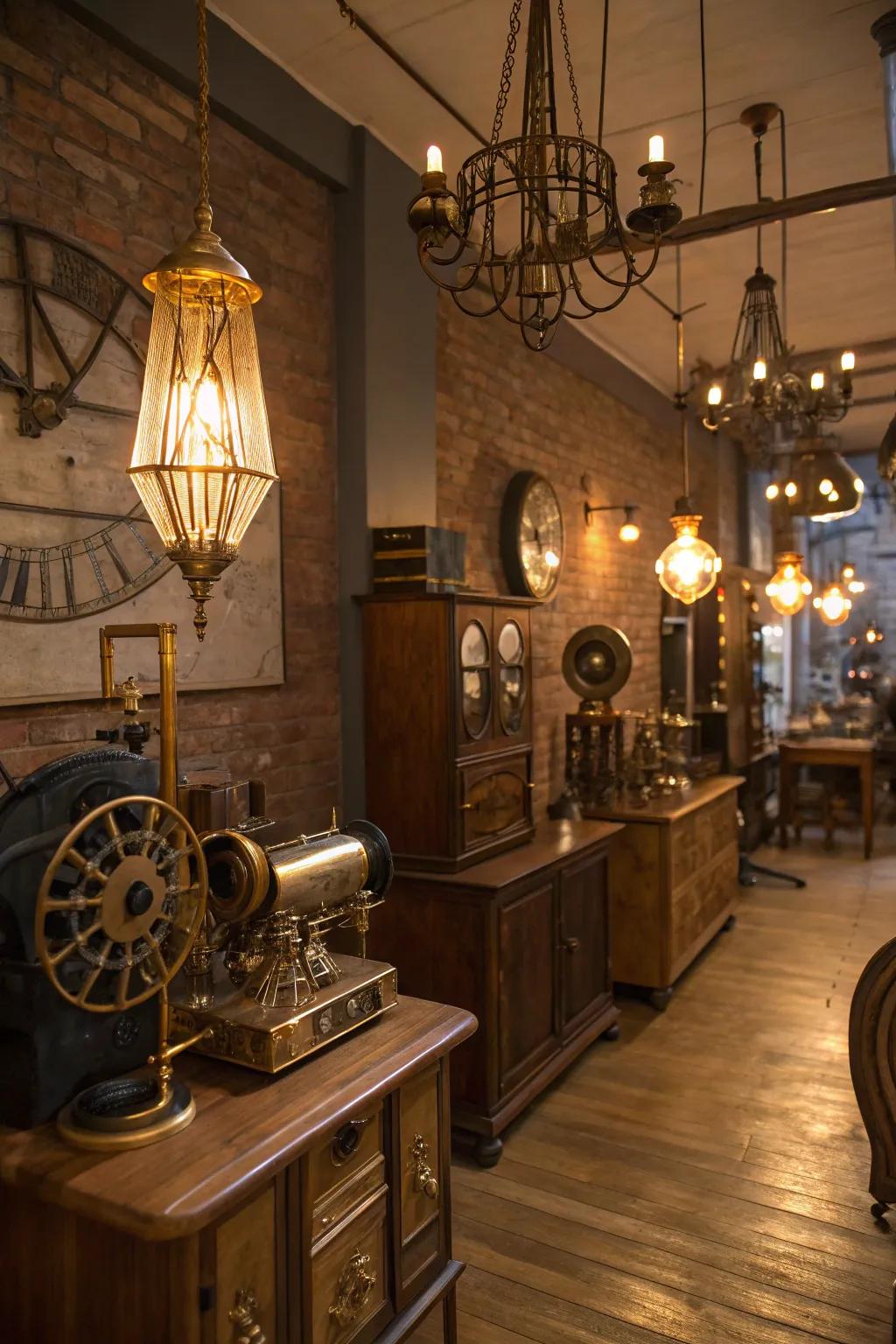 Subdued ambient lighting amplifies the inviting atmosphere of this steampunk space.