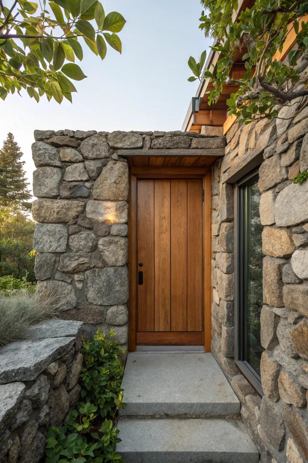 Blending stone with wood crafts a vibrant doorway.