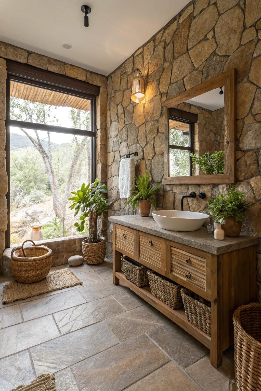 A stone bathroom displaying earthy tones alongside natural design features.