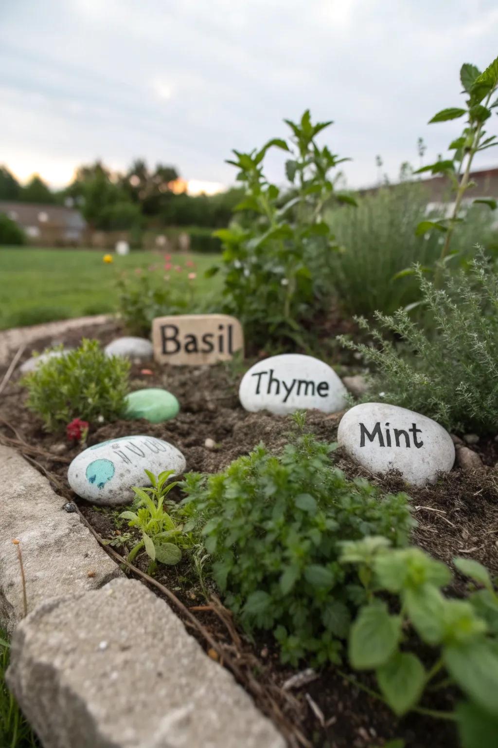 Playful painted stone plant badges featured in a garden.