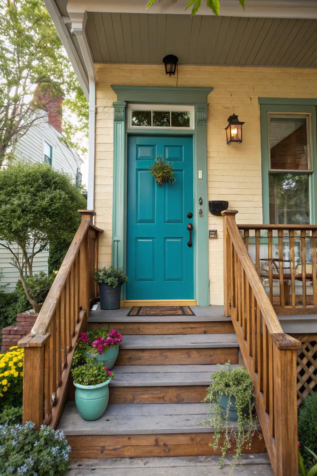 A daring teal door injects vibrancy and charm.