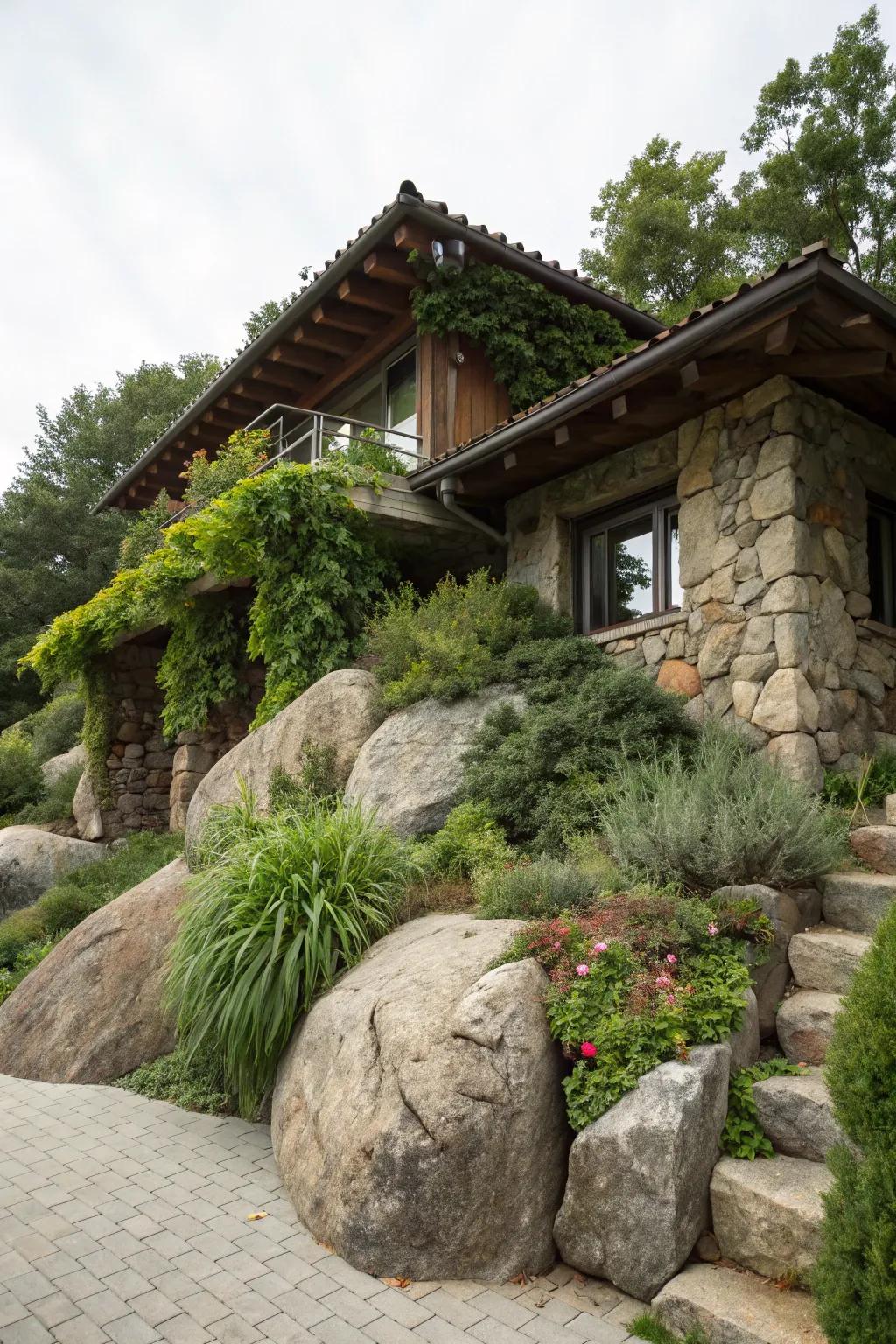 A home fluidly entwined with natural rock structures.