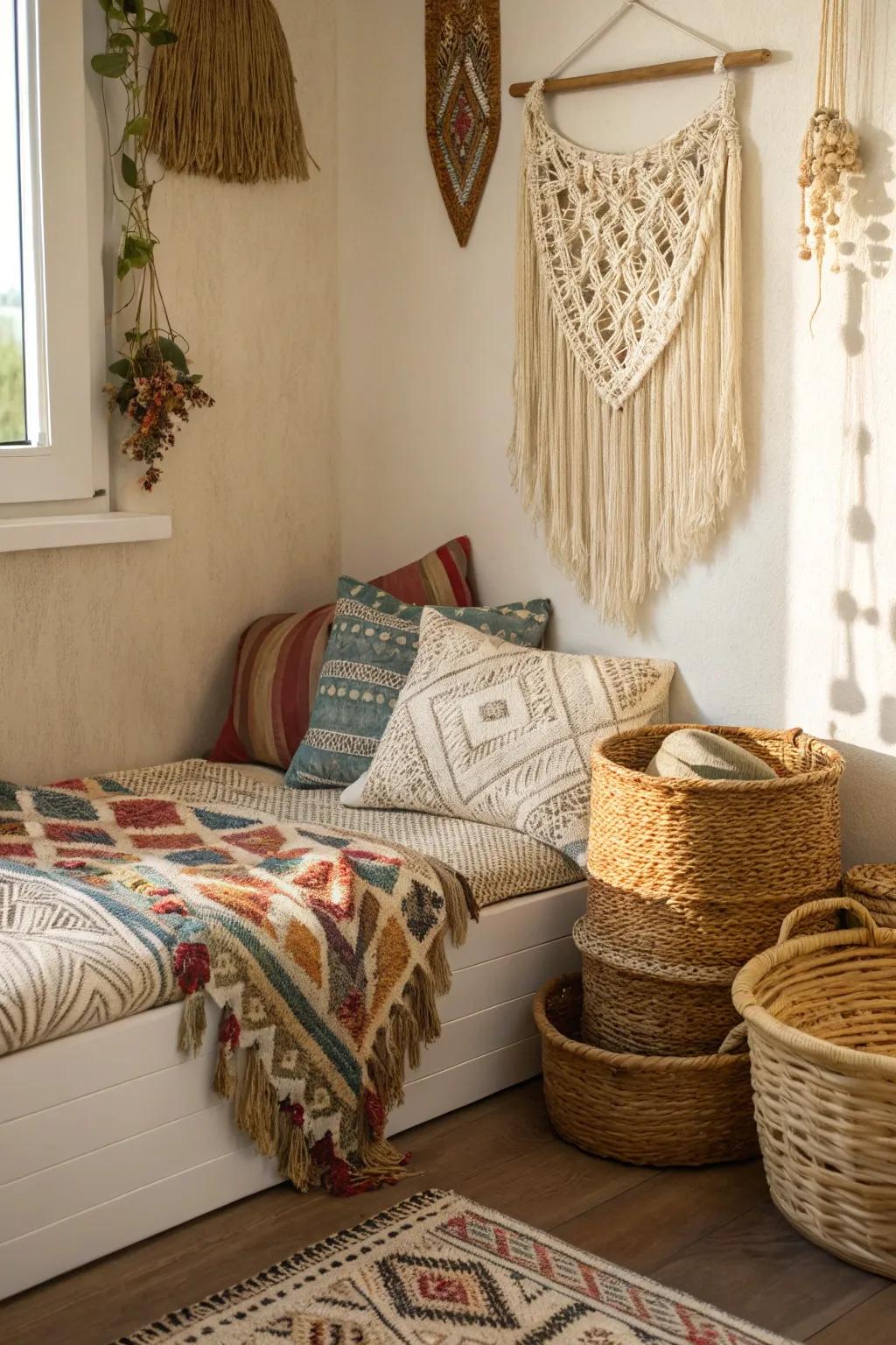 Forge a boho-chic escape using unique textures.