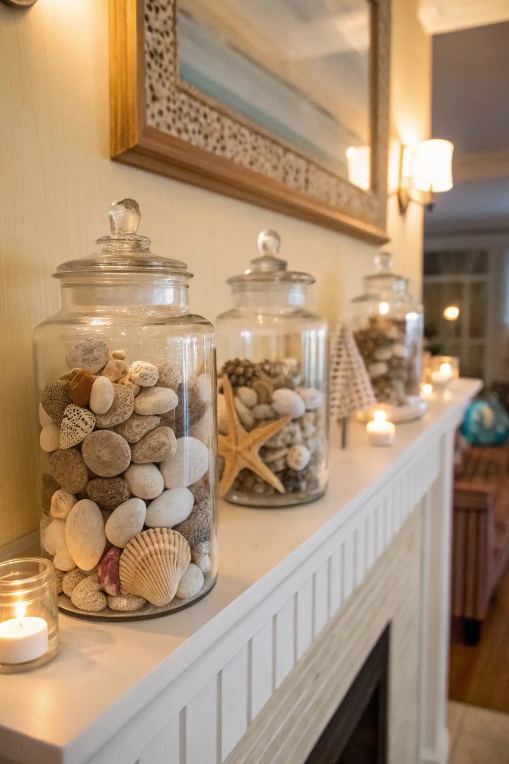 Relaxed elegance with glass containers filled with shells and pebbles.