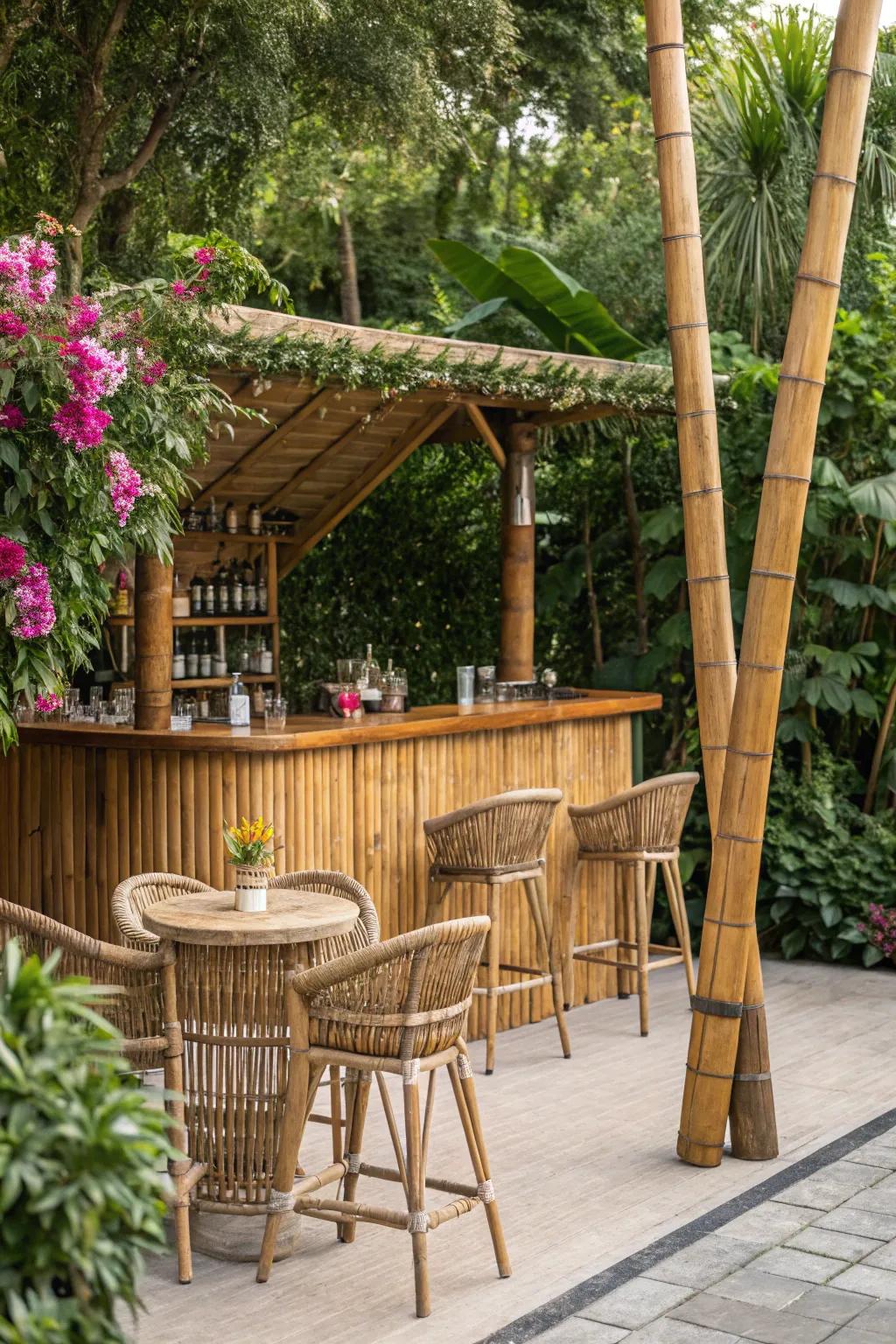 Natural materials create a smooth blend between the bar and garden.