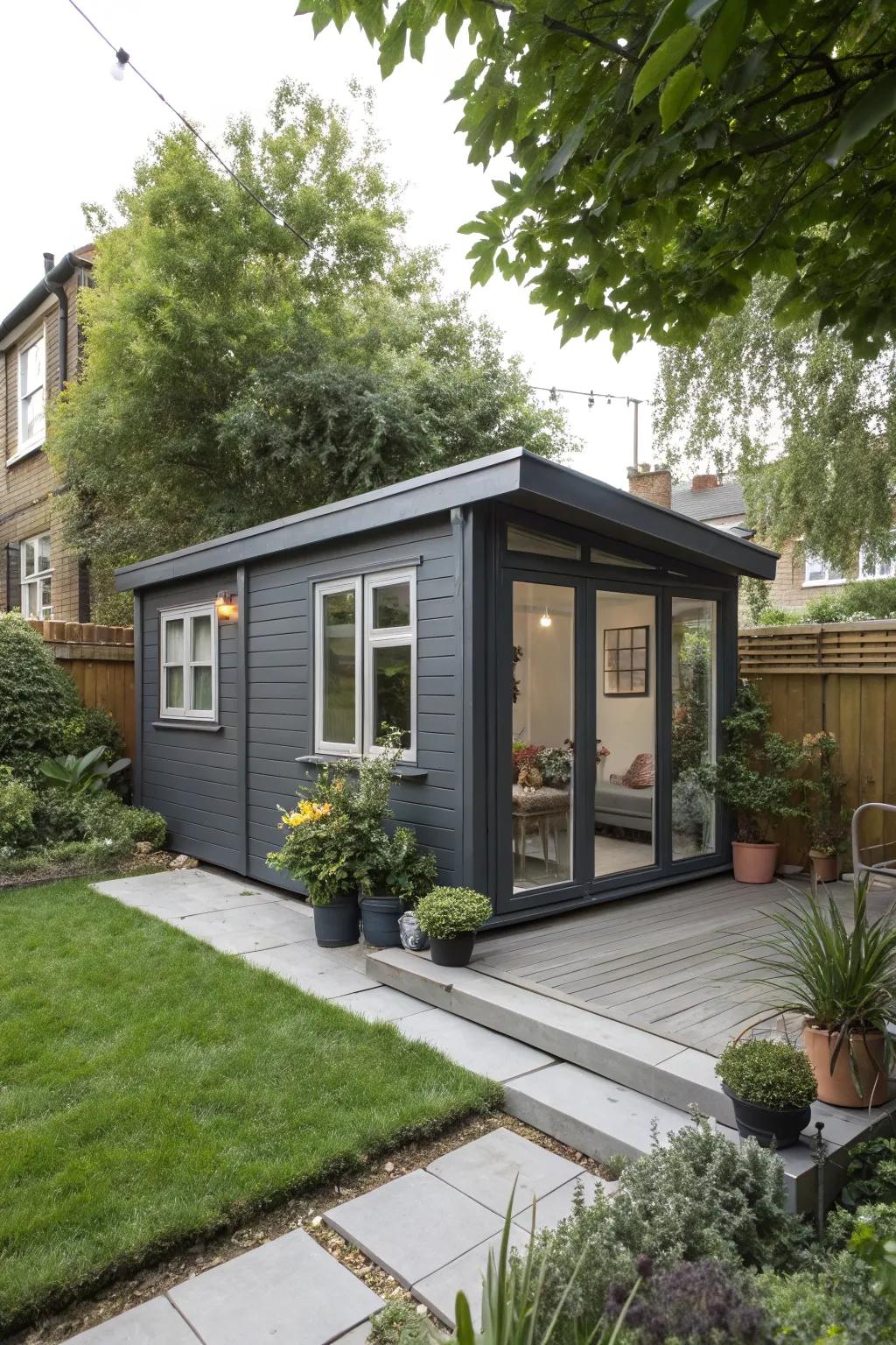 A sleek summer house in elegant anthracite, perfect for urban gardens.