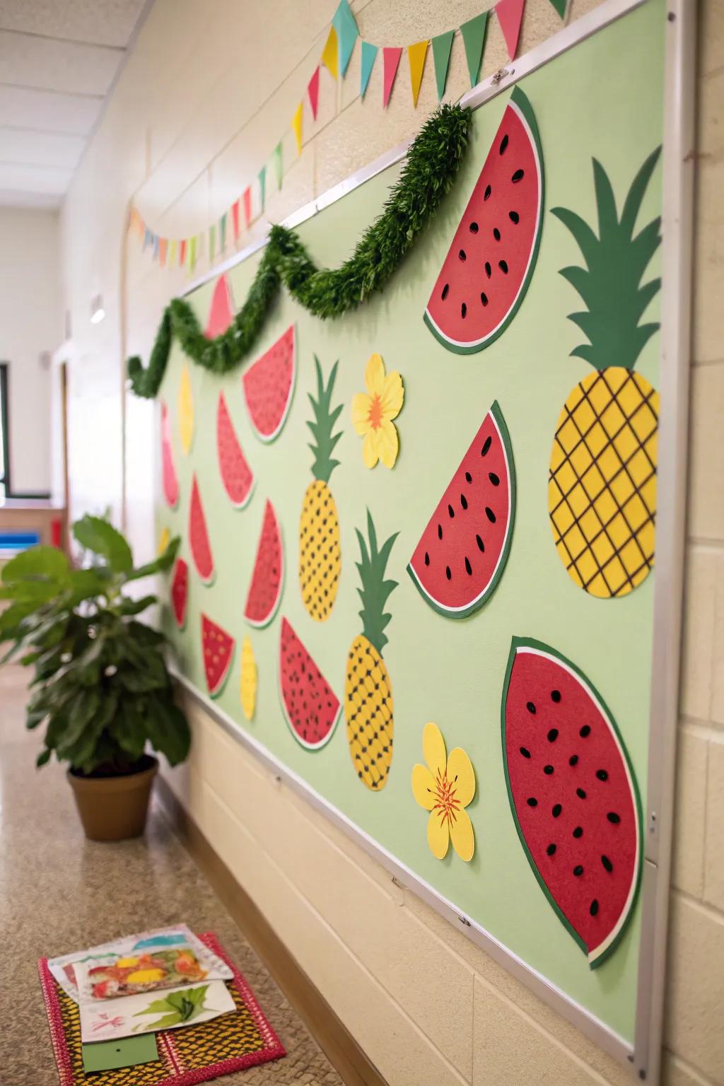 A sweet summertime bulletin board featuring colorful fruits.