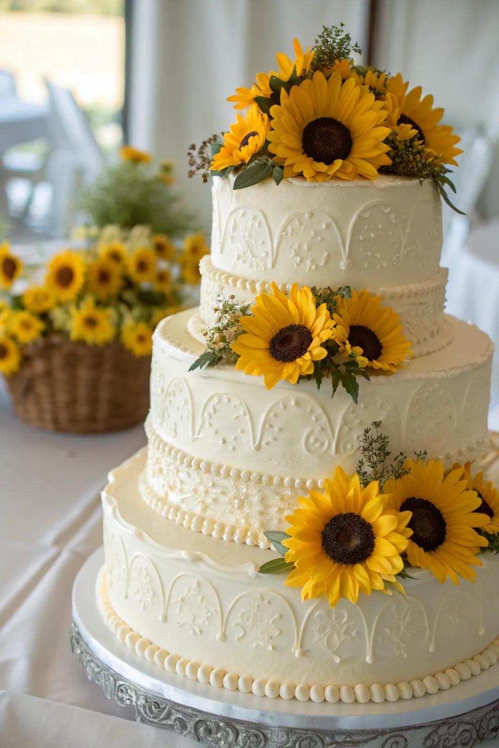 A wedding cake embellished with charming golden bloom ornaments.