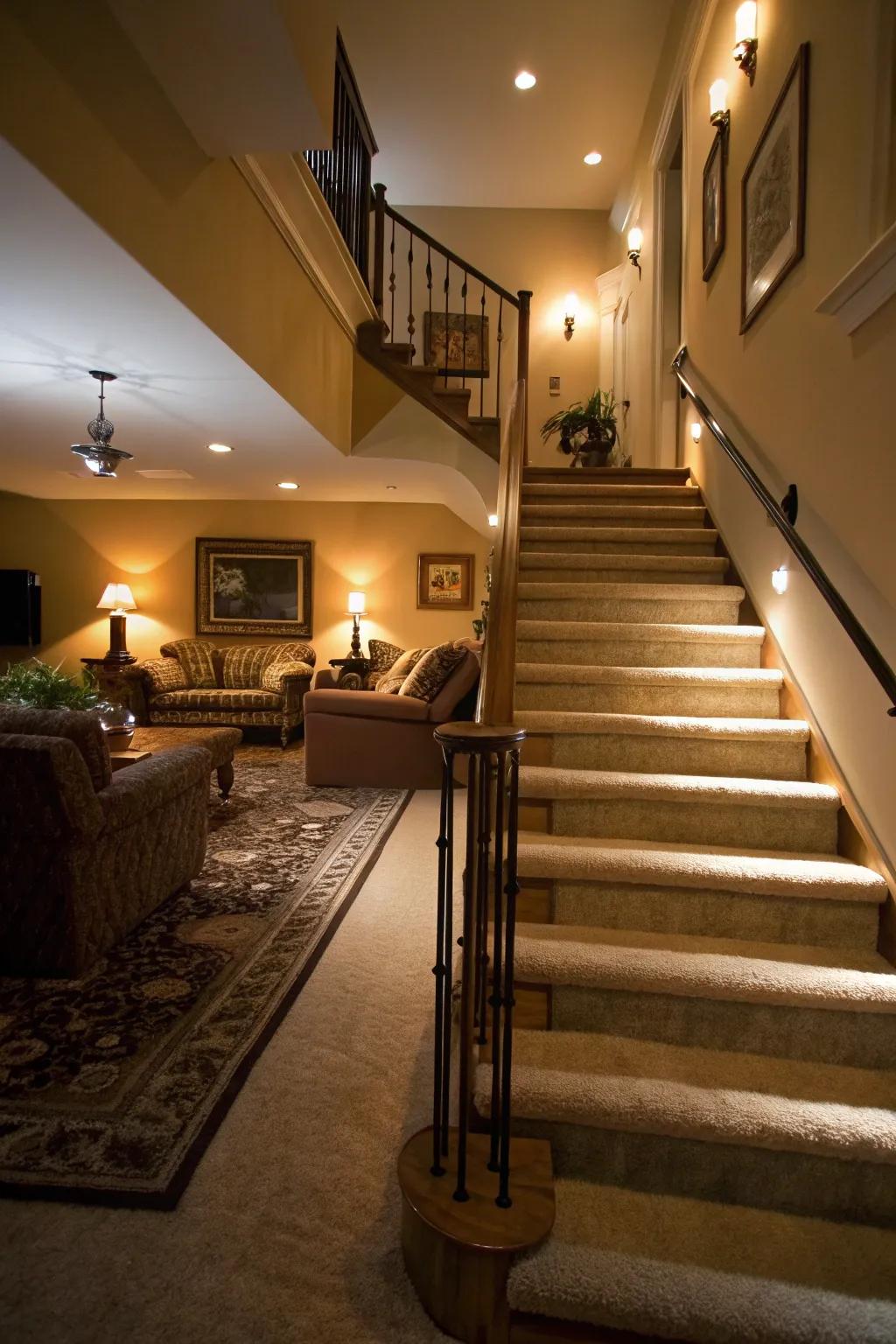 A sunken living room with steps leading downward.
