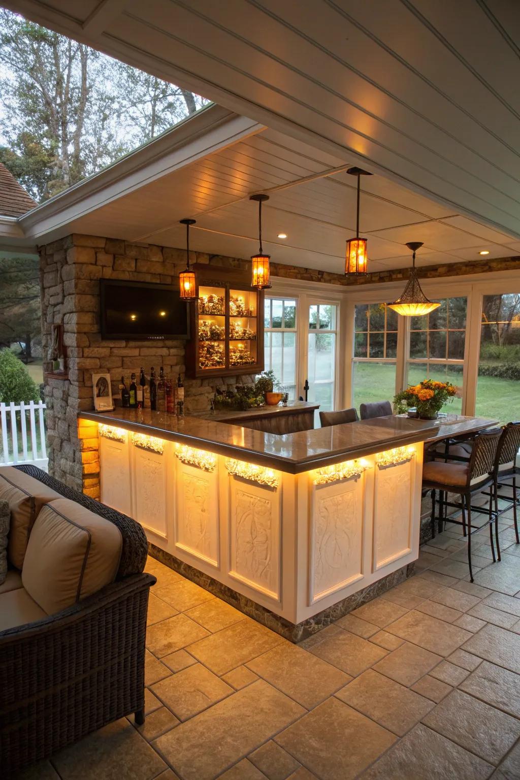 Distinctive illumination highlights features and adds warmth to your sunroom bar.