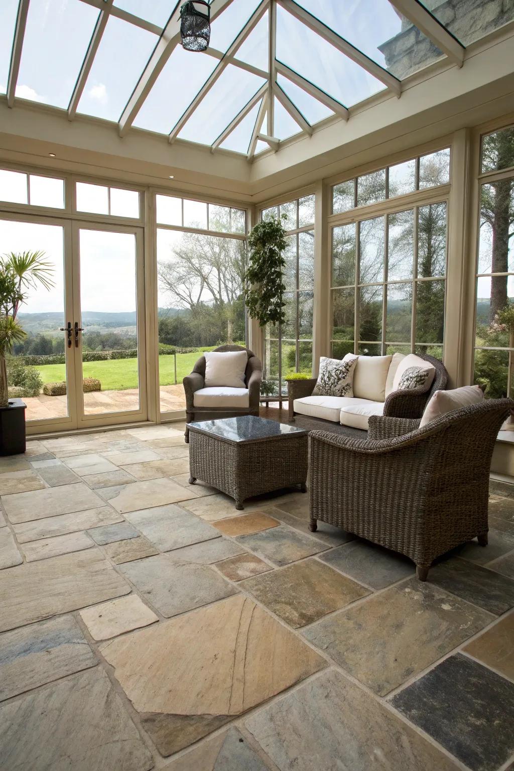 Rock slab floors fill your sunroom with refinement and endurance.