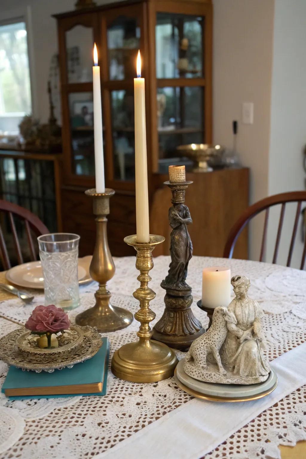An eclectic mix of vintage finds creating a unique centerpiece.