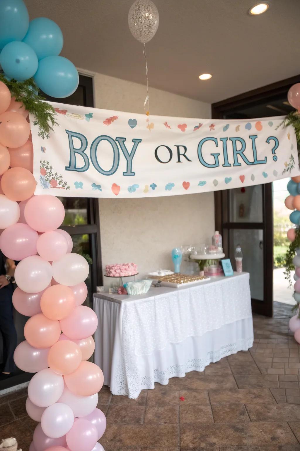 A playful custom banner adds a personal touch to your gender reveal decorations.