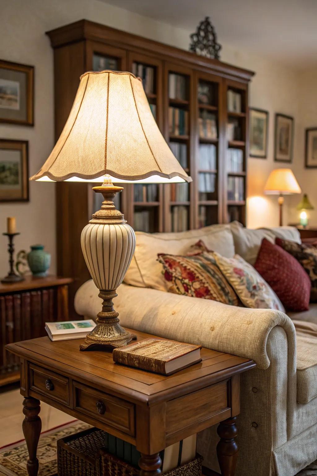 A vintage table lamp brings timeless elegance to a traditional living room.