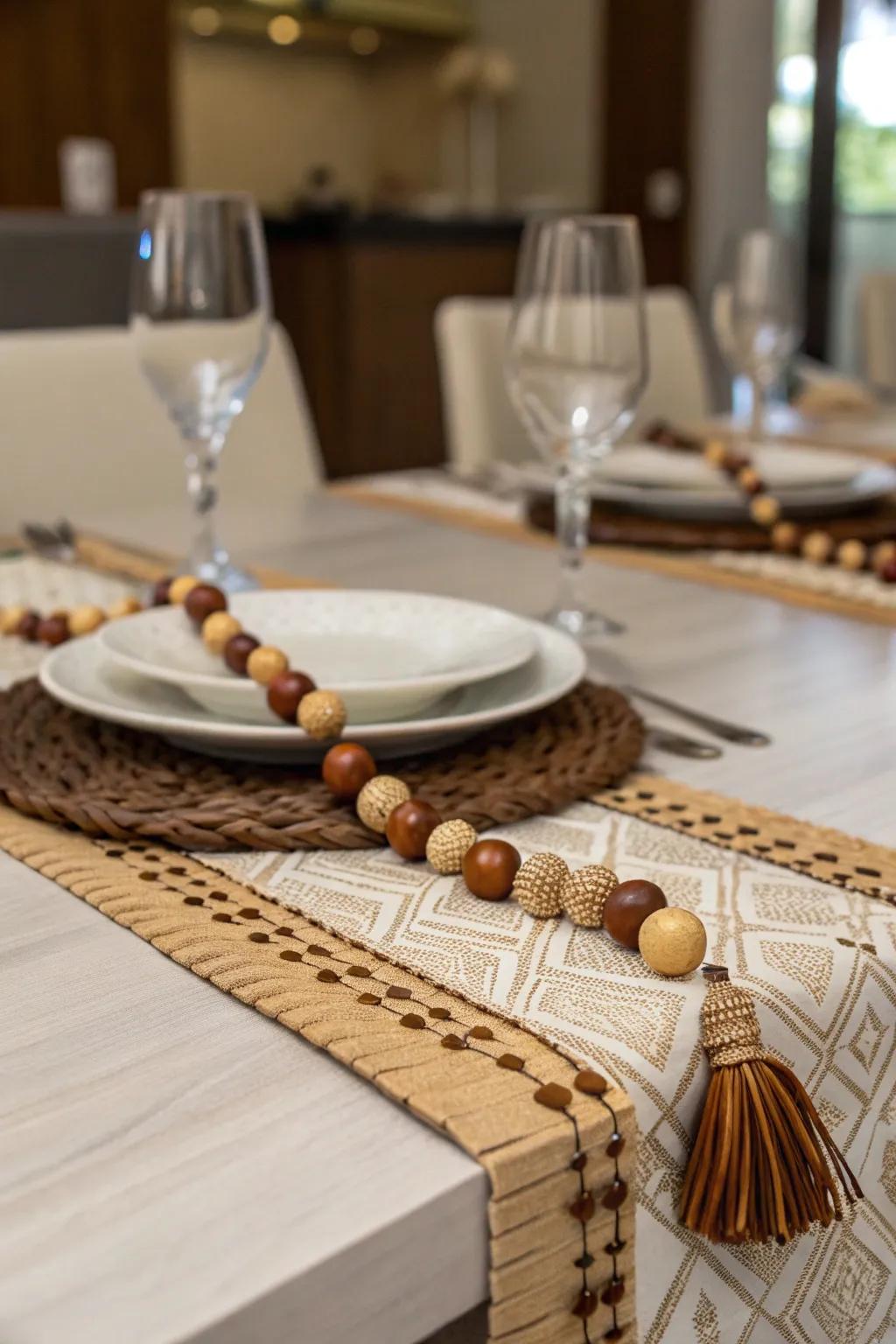 DIY table runner with wood elements for a handcrafted feel.