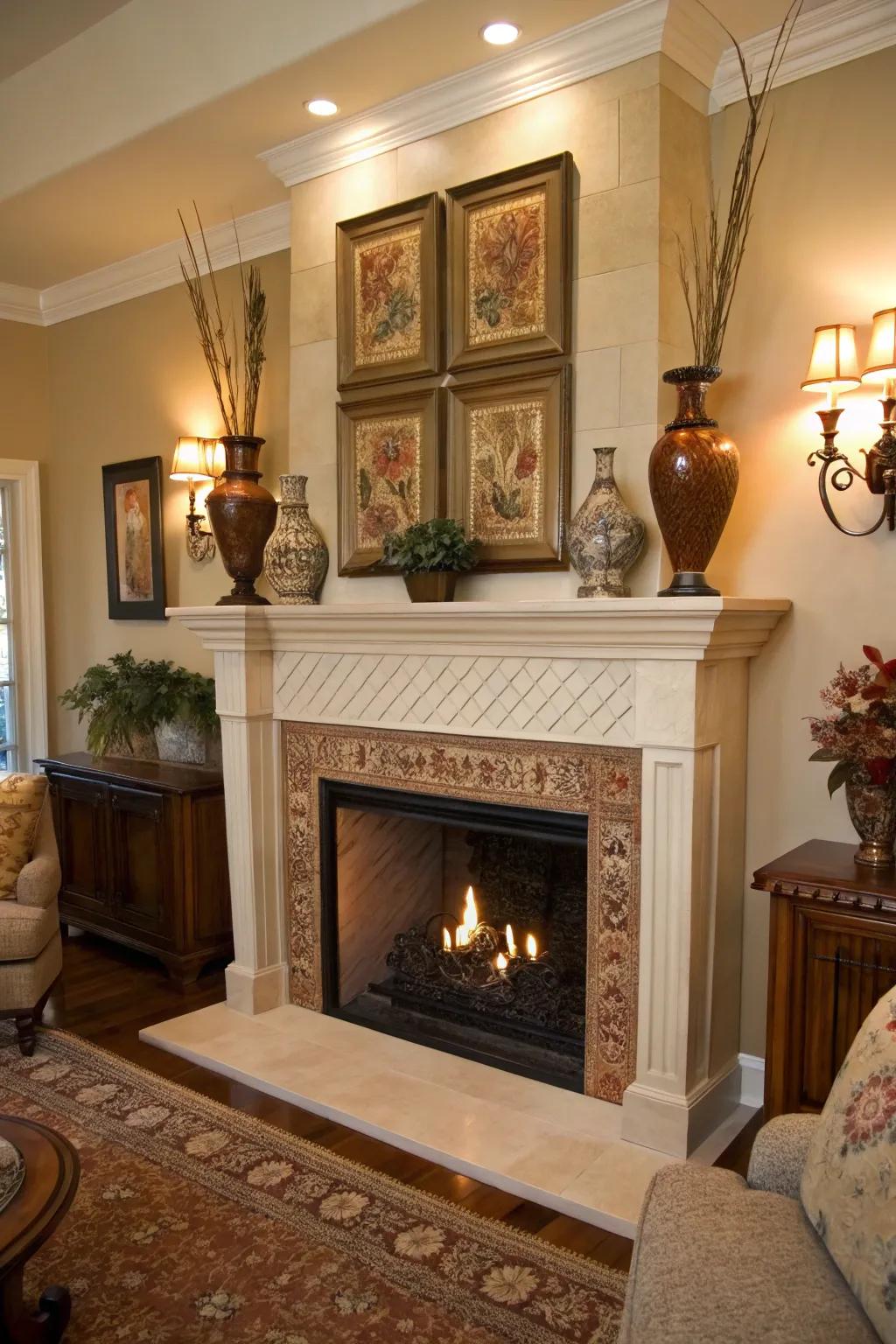 Ornamental objects individualize an elevated fireplace wall.