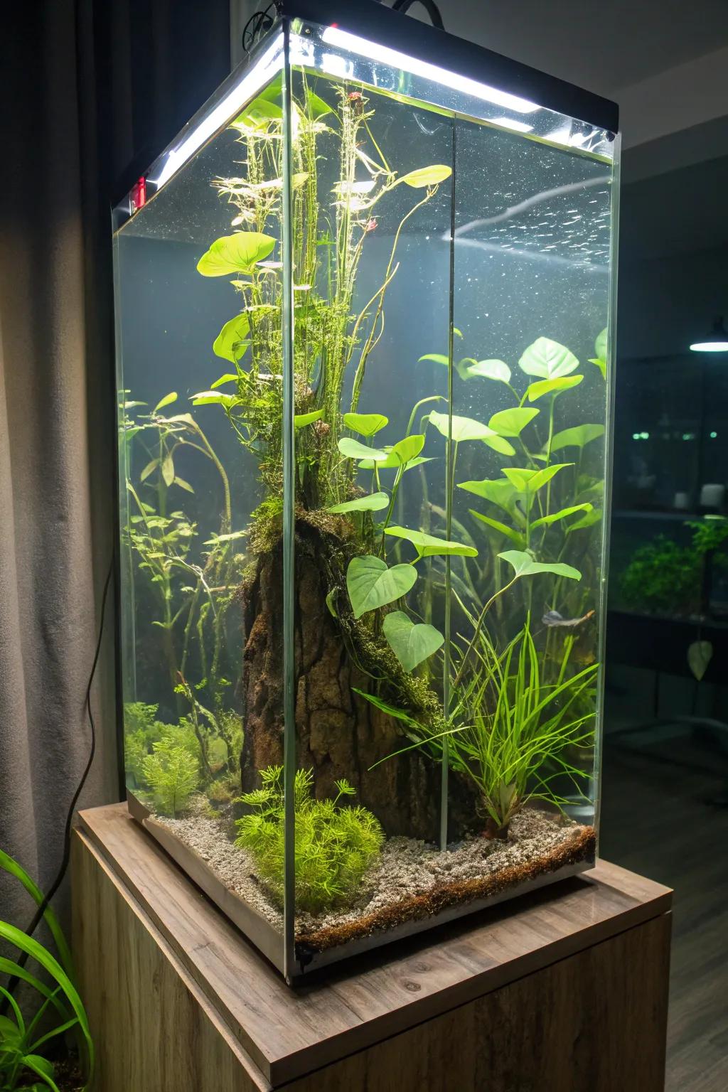 A towering aquarium adorned with a haven of drifting flora.