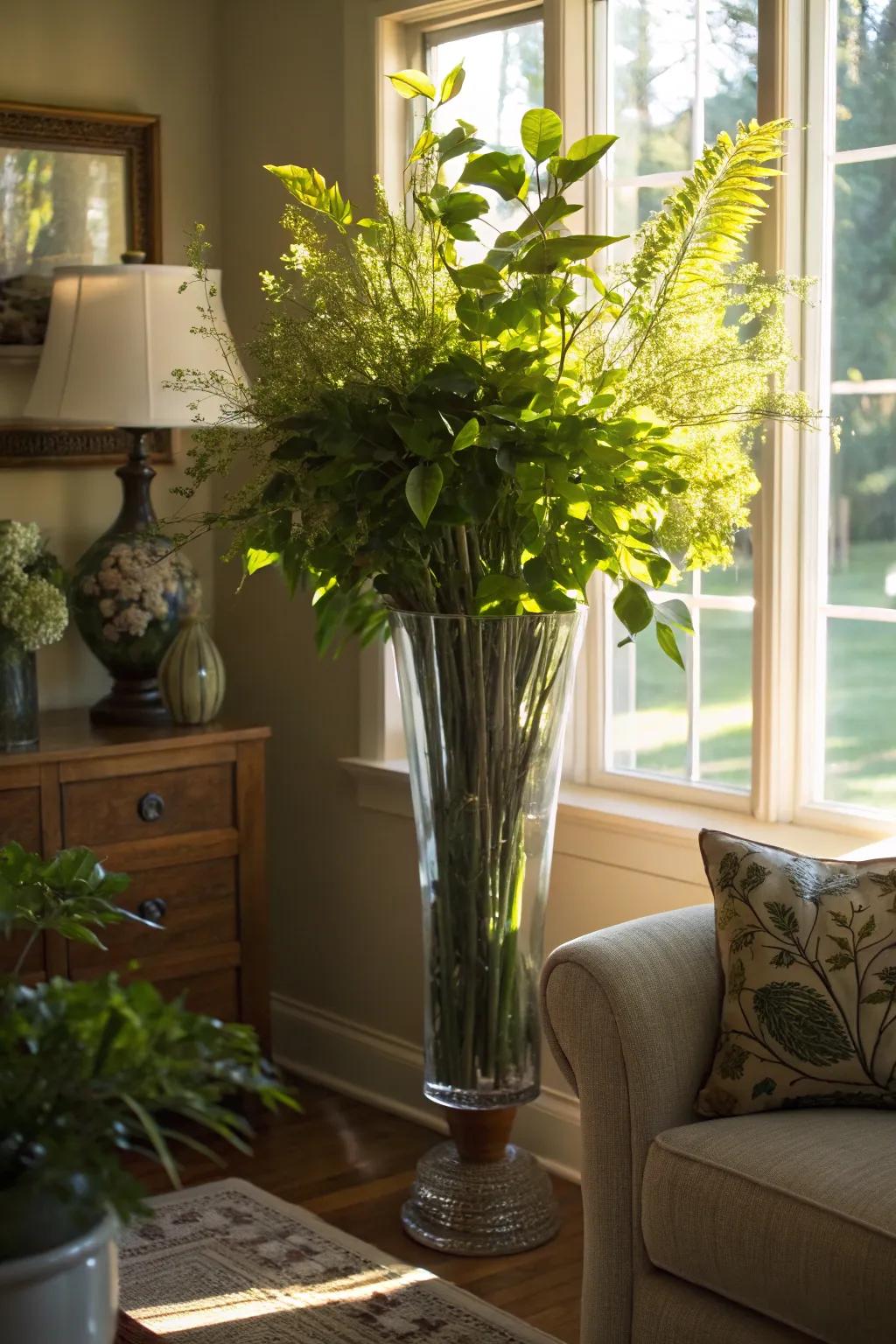 A tall glass vase brimming with lush greenery, brightening up a sunlit living room corner.