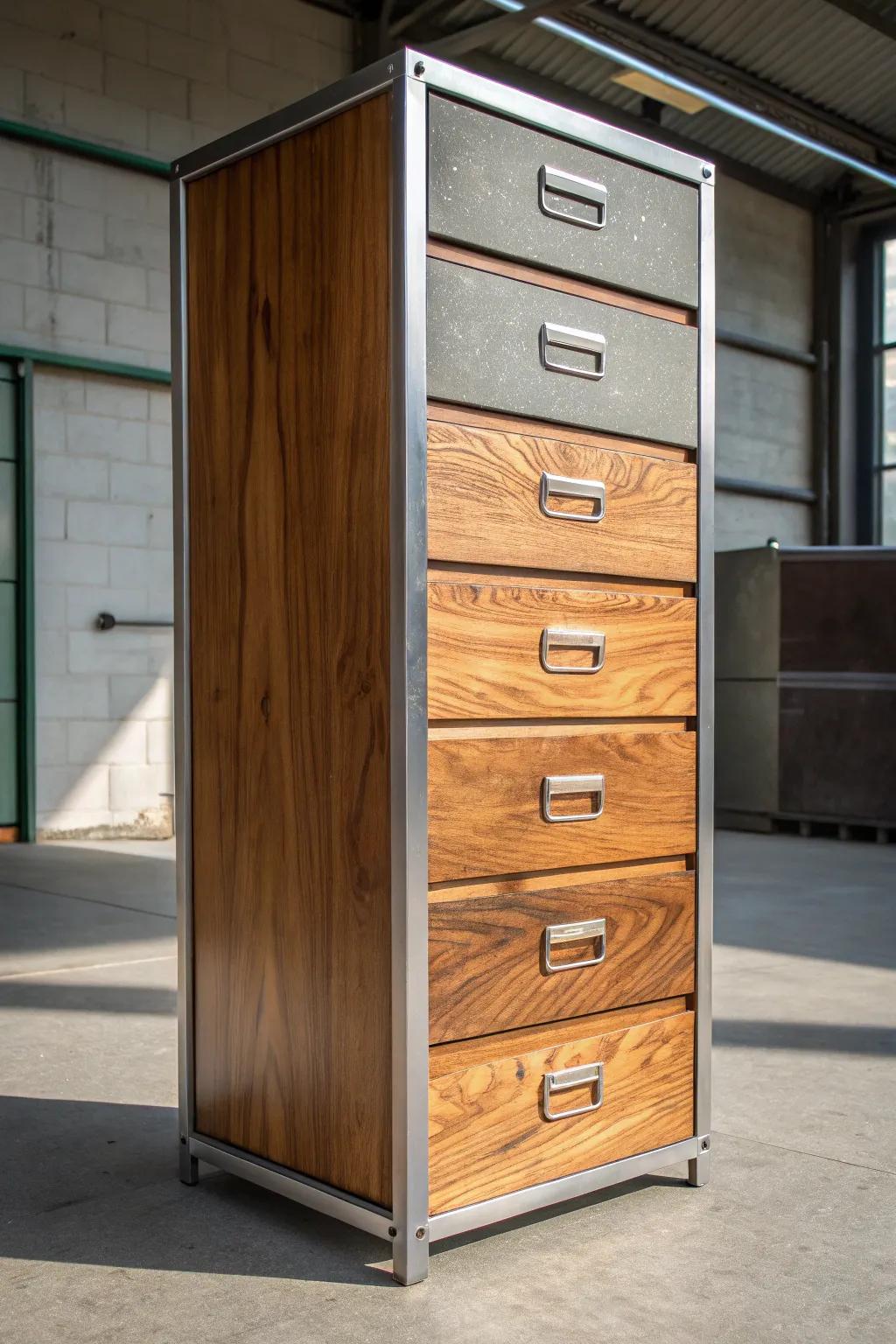 Revamp your metal filing cabinet with the comfort of timber layers for a fashionable, welcoming look.