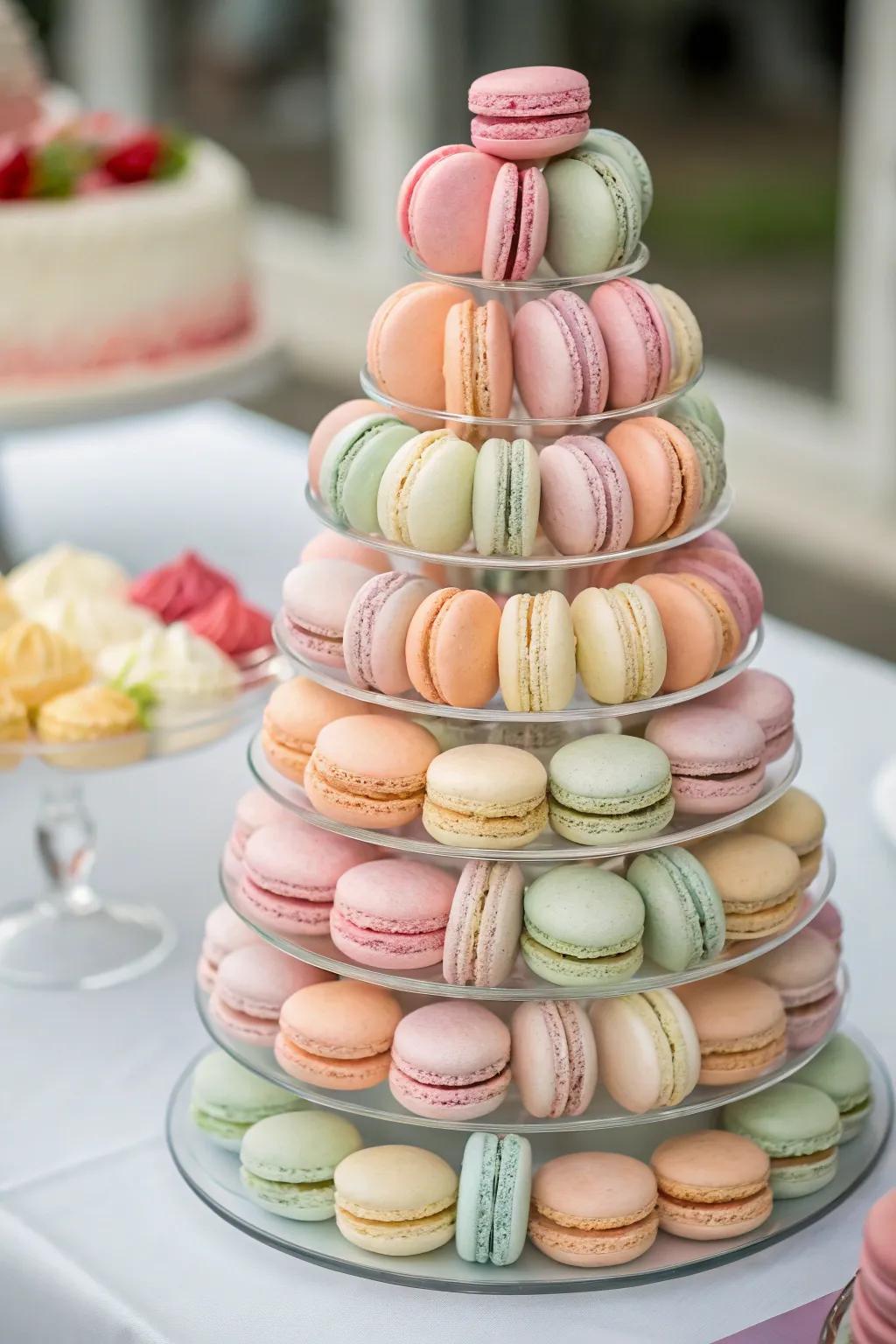 Chromatic macaron pyramids add sophistication and sweetness.