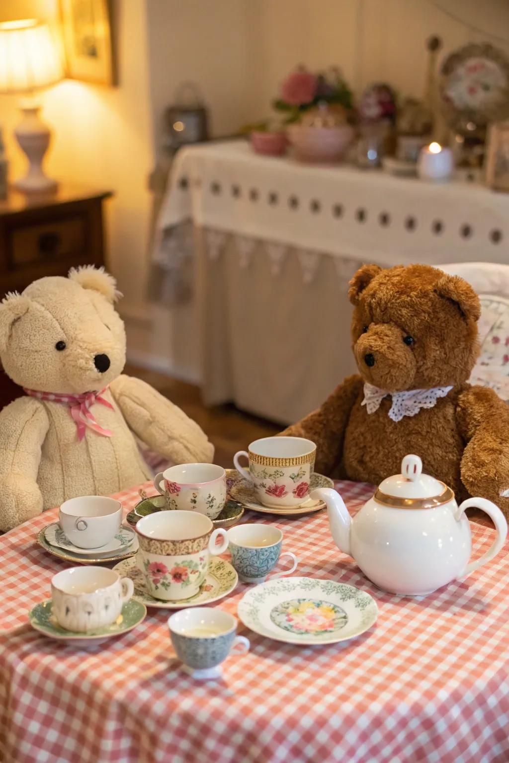 Soft animals enhance a playful and whimsical facet to the tea event.