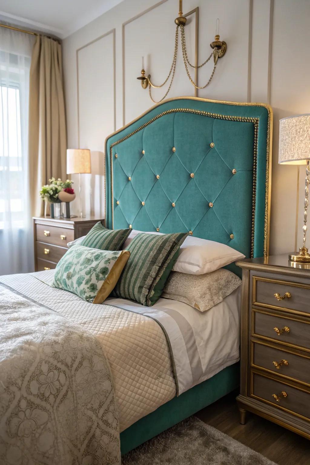 An aqua fabricated headboard serves as a fashionable focal point in this bedroom.