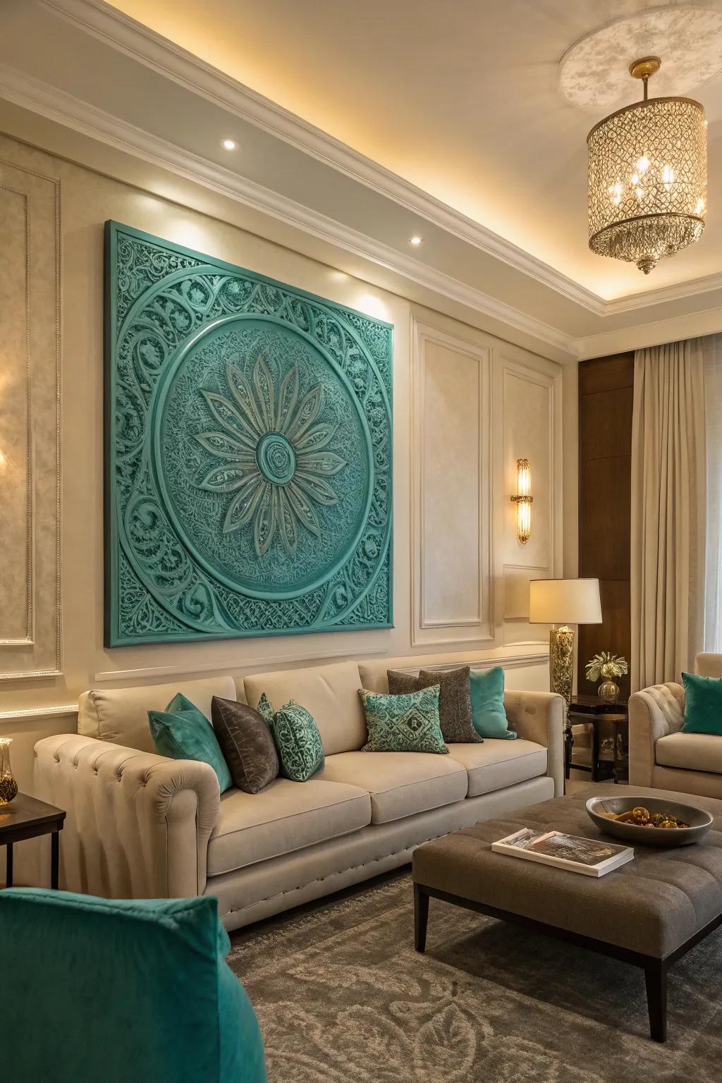 Teal artwork adds a personal touch and elevates the room's aesthetic.