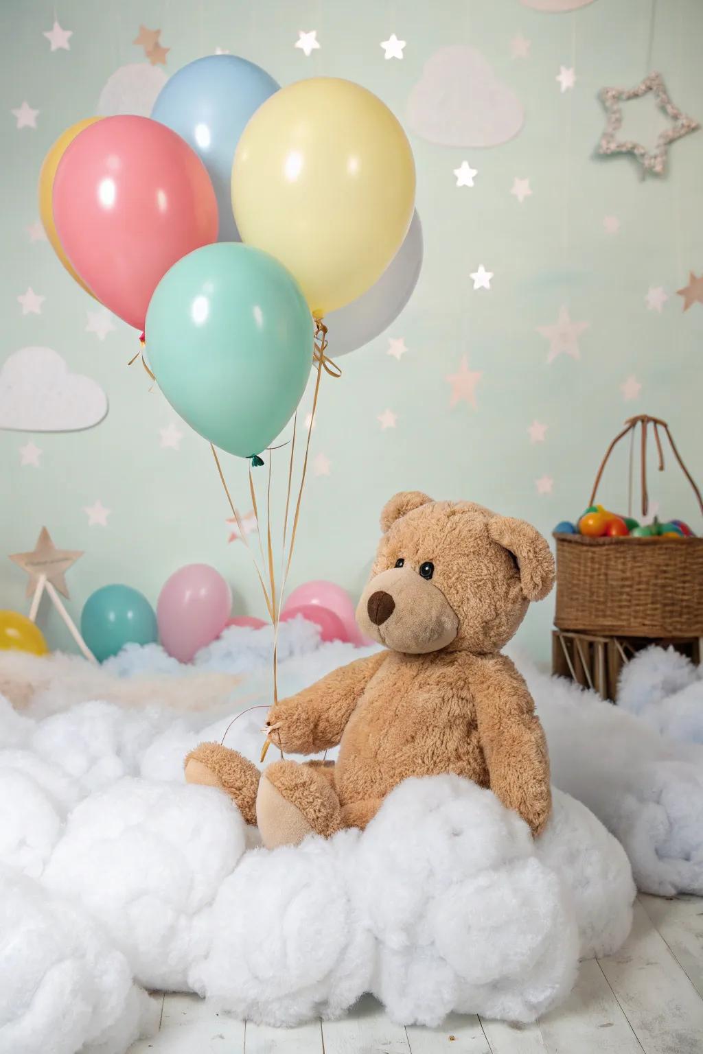 A dreamy cloud and balloons setup for a teddy bear centerpiece.