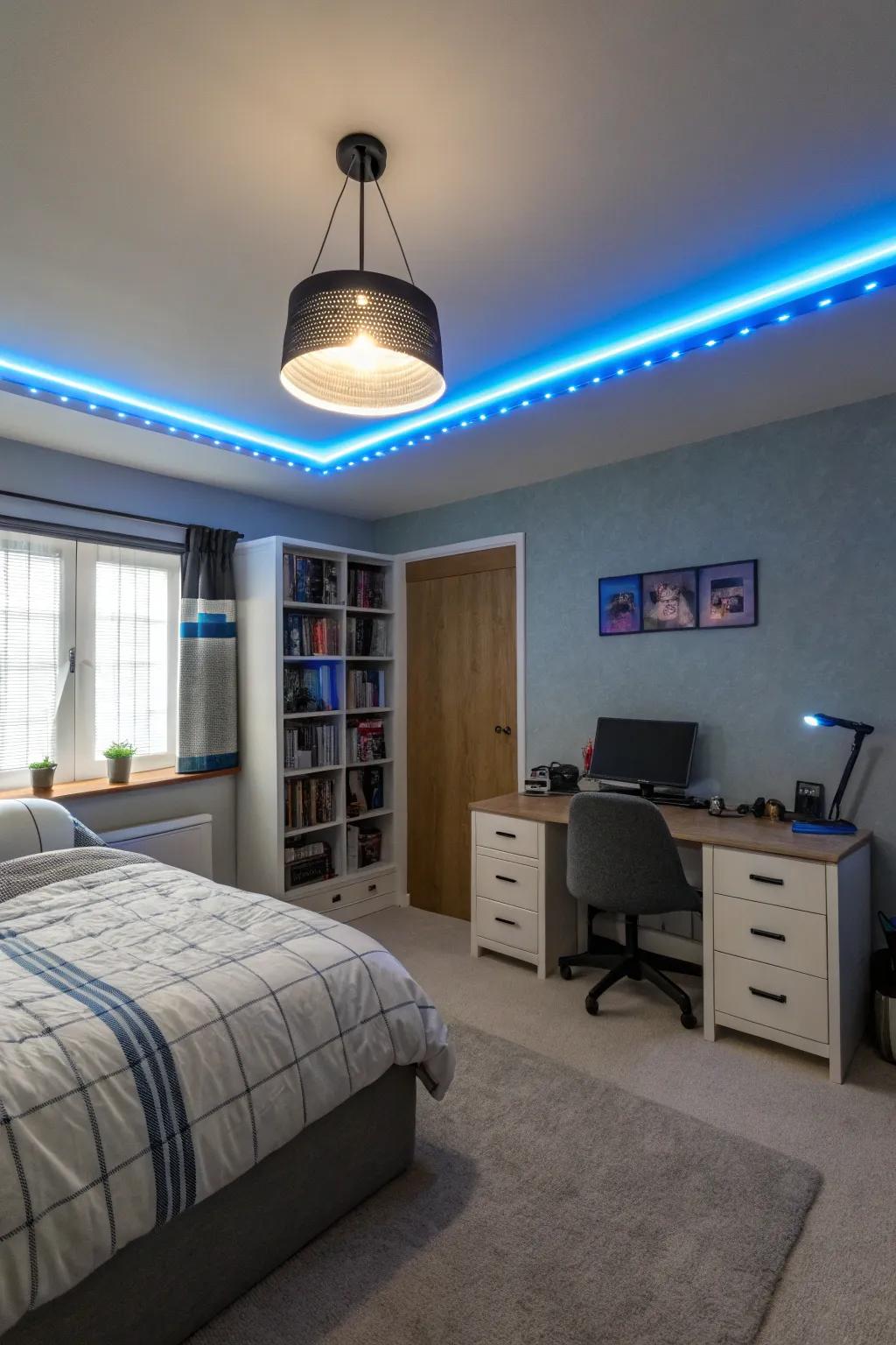 A teen boy's room showcasing customizable LED lighting designed for a tailored vibe.