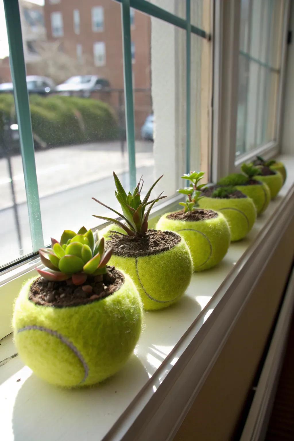 Tennis sphere mini-gardens present an eco-friendly, whimsical decor option.