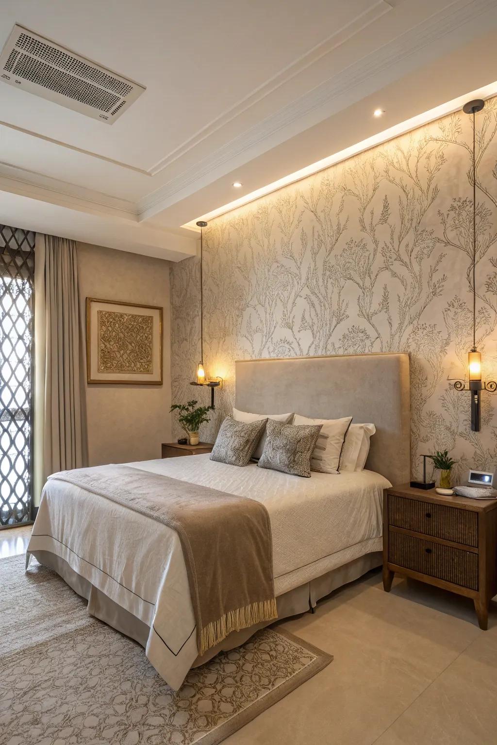 A bedroom featuring an elegant neutral-toned textured wall.