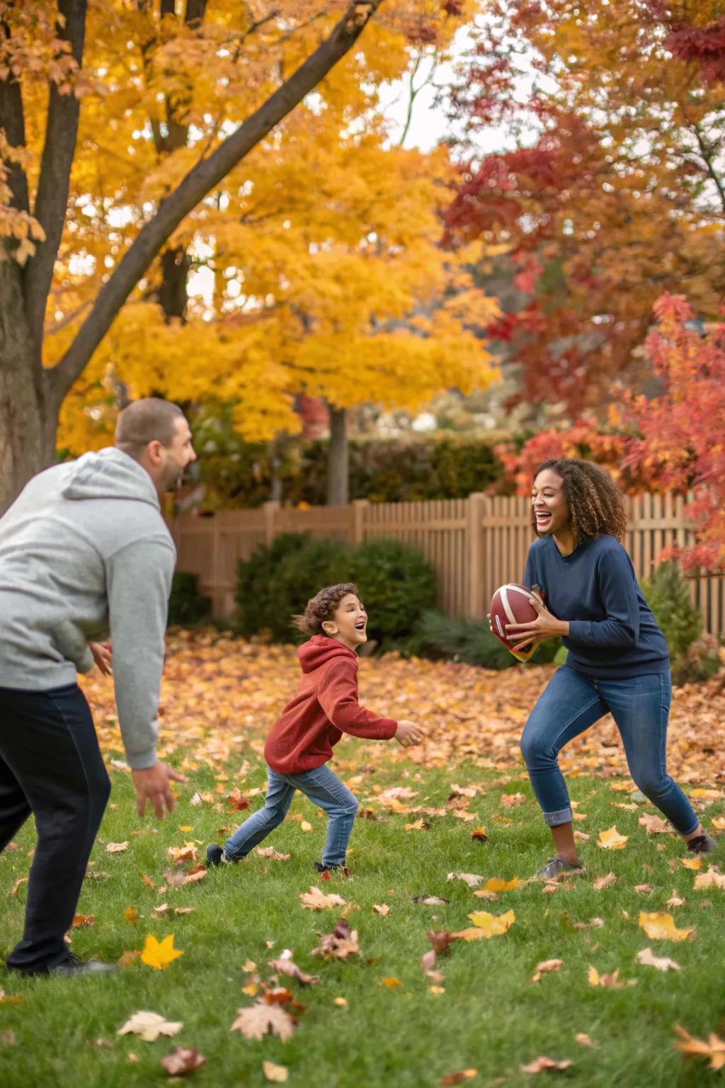 A lively family touch football game on a crisp autumn day.