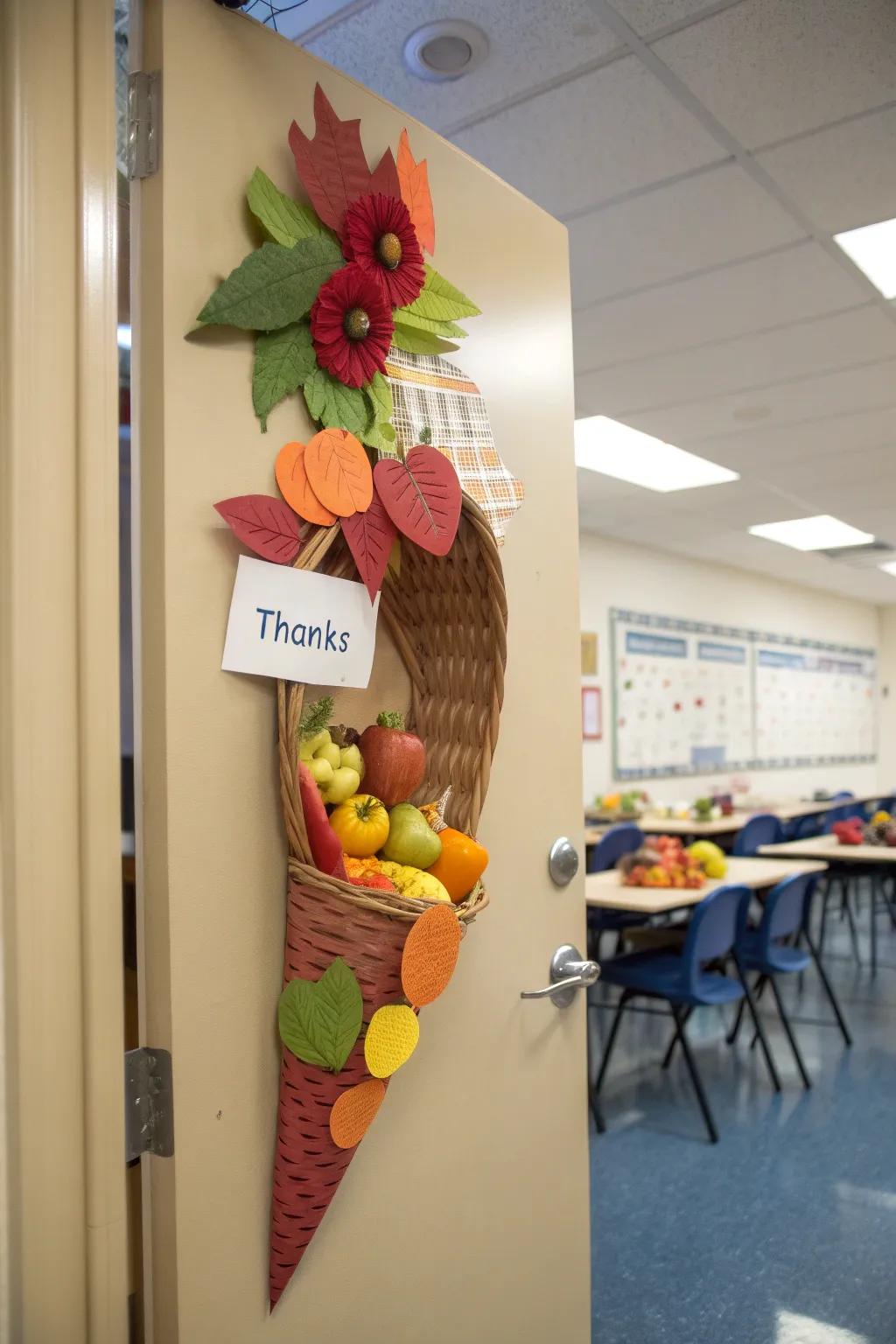 A classic cornucopia display filled with messages of thankfulness.