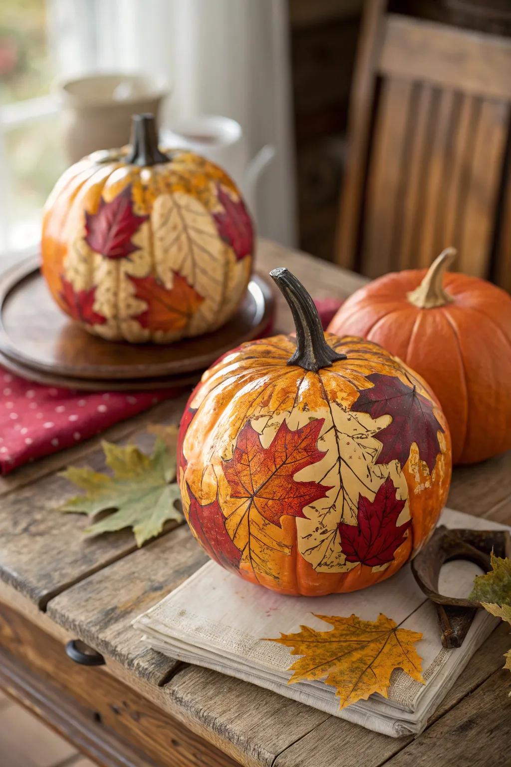 Elegant collage pumpkins featuring autumnal leaves.