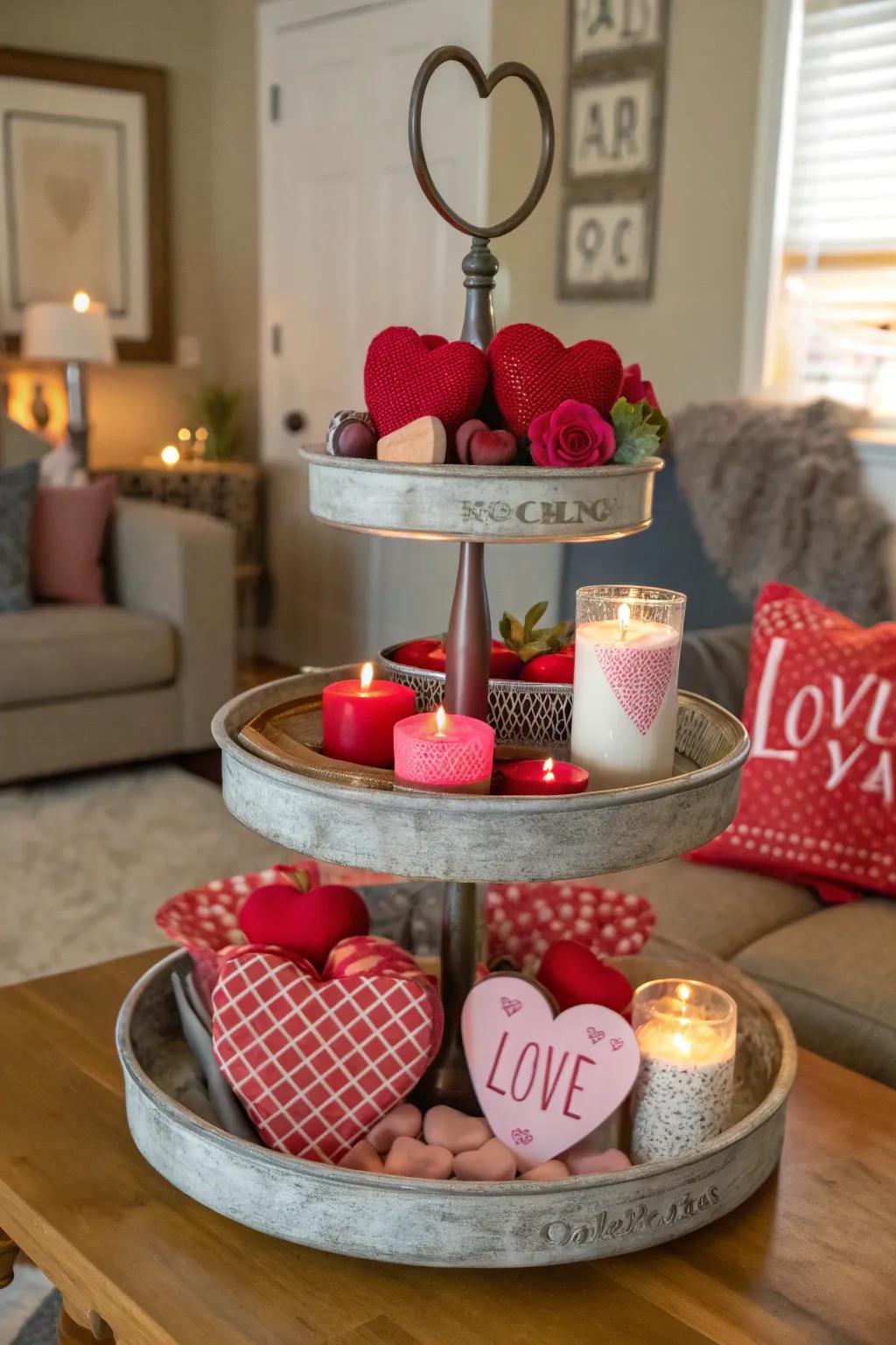 A Valentine's Day-themed tiered tray radiating love and warmth.