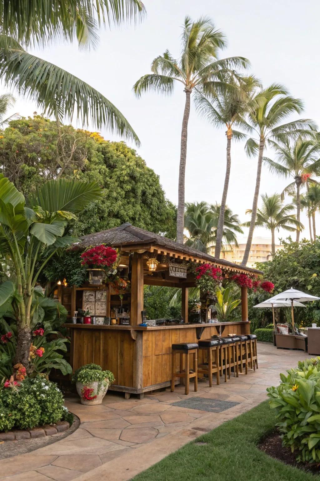 An exterior setting amplifies the tropical escape provided by a tiki bar.