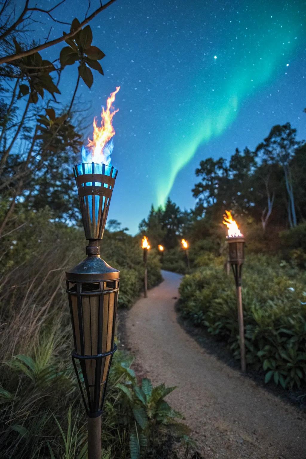 Amaze your visitors with rainbow flame <strong><em>tiki torches</em></strong>.” loading=”lazy” class=”pimg”>
	</picture><figcaption>Amaze your visitors with rainbow flame <strong><em>tiki torches</em></strong>.</figcaption></figure>
<p>Introduce a burst of color to your outdoor sanctuary with <strong><em>tiki torches</em></strong> that blaze with rainbow flames. This unexpected flourish invariably captivates my guests.</p>
<h3>Products that could assist:</h3>
<ul class=